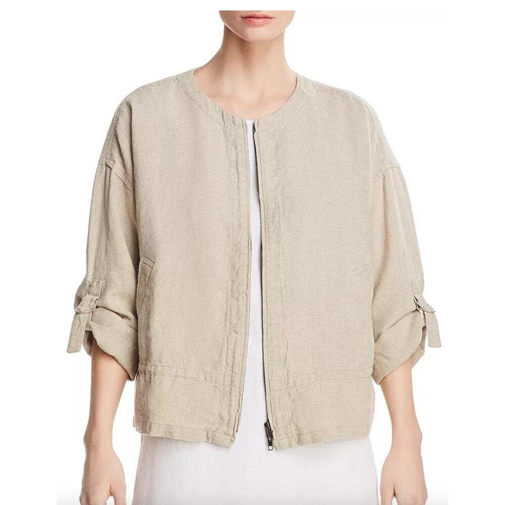 Eileen Fisher Organic Linen Zip Front Jacket Drawstring Natural Tan Size XL